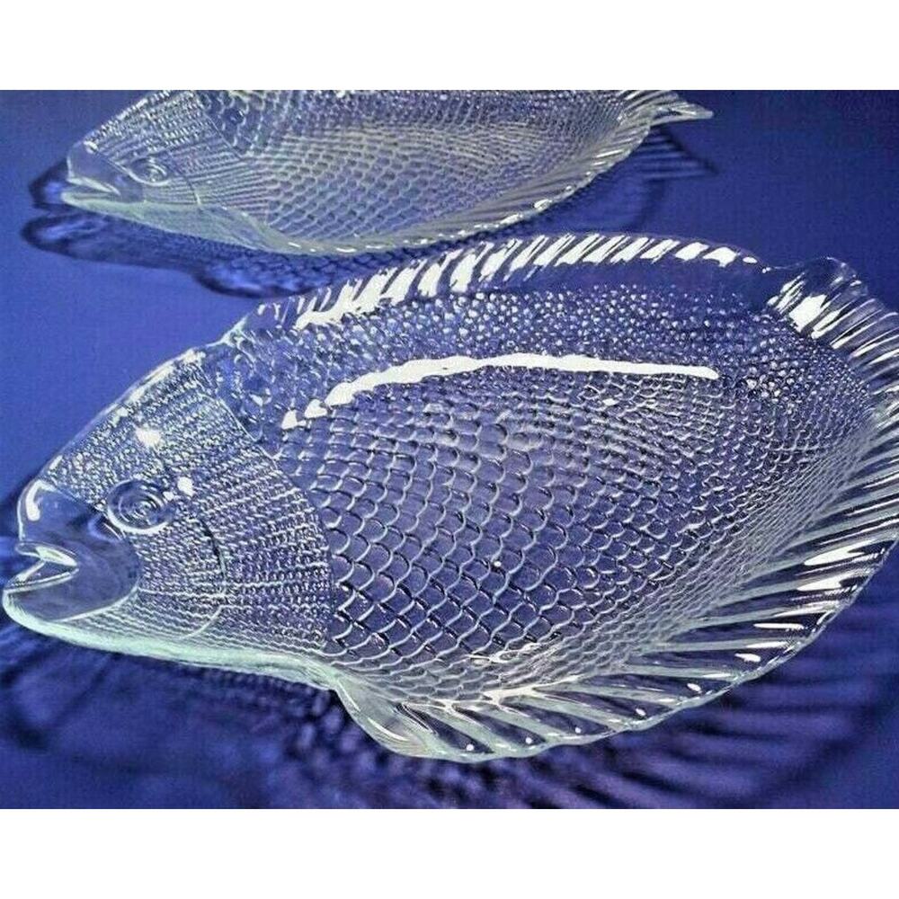 Fish Plates and Serving Platter Set of 6 Pasabahce Turkish Glass Marine Nautical